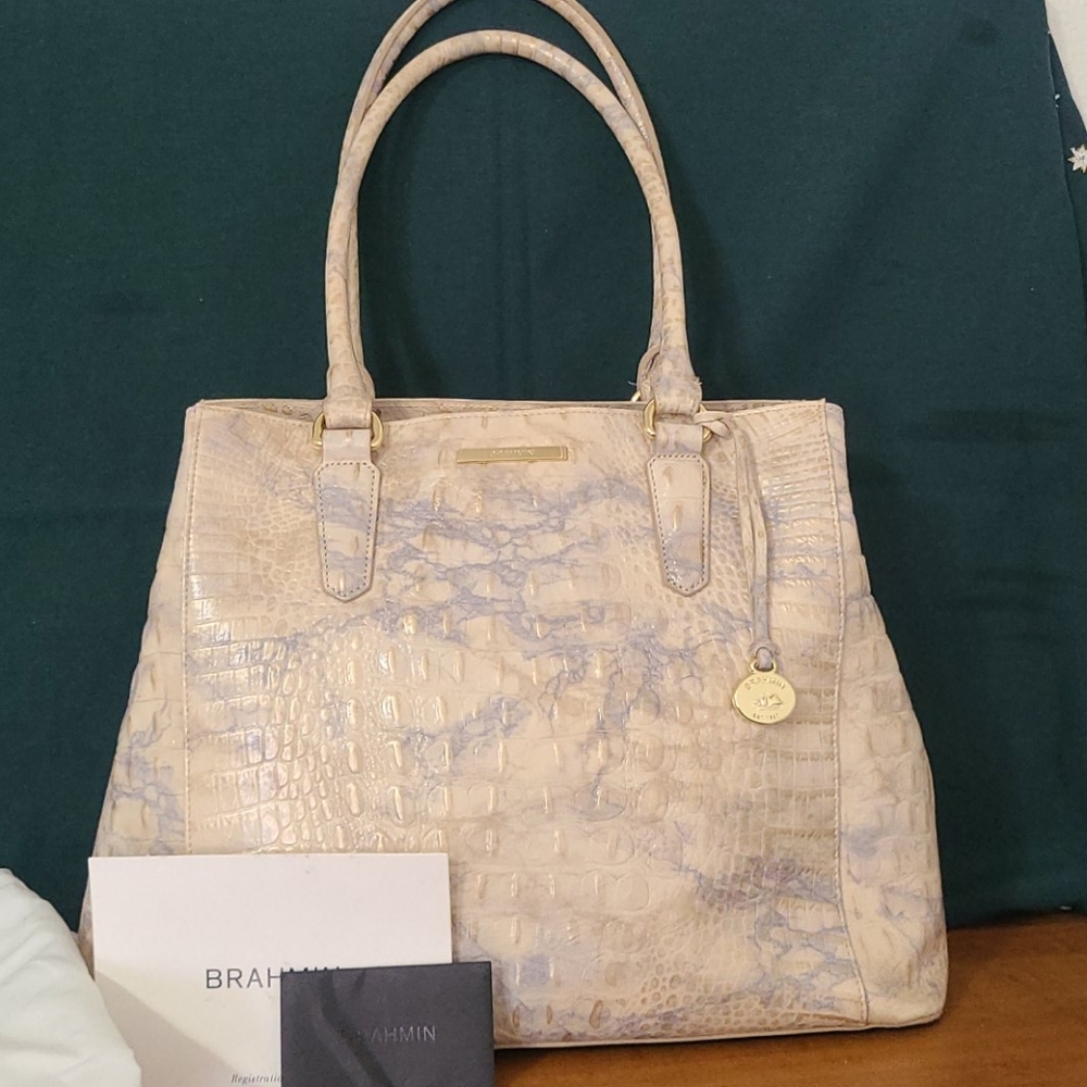 Brahmin Cream and Light Blue Croc-Embossed Tote